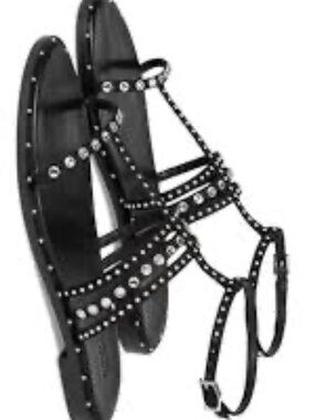 SCHUTZ Black Studded T-Strap Flat Sandals